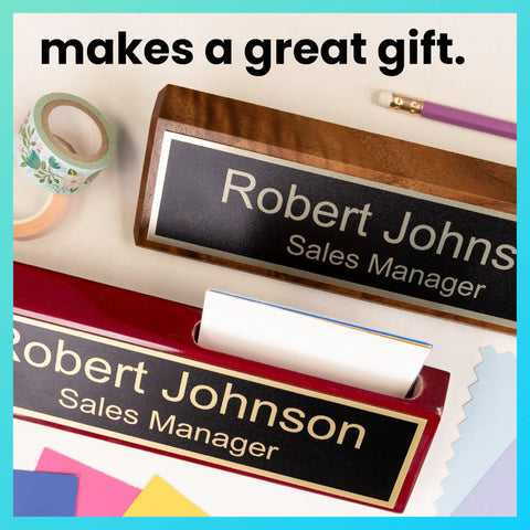 Personalized Walnut Wood Desk Name Plate With Black Base And Gold Lettering, 2 By 8 Inches, Boss-Ready Office Sign For Desk