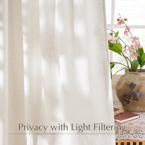 Natural Linen Curtains With Jacquard Waffle Weave For Living Room Cozy Privacy Light Filtering Boho Drapes, side view