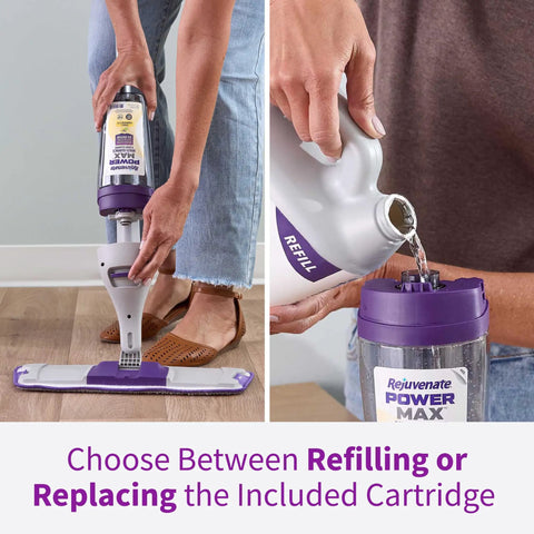 Rejuvenate PowerMax Multi Surface Spray Mop Kit With Cleaner, showing user refilling spray cartridge for deep cleaning.