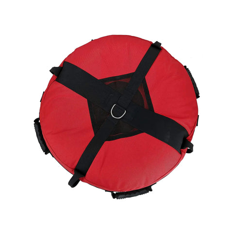 Top view of a red Freediving Pro-Grade Buoy With Inner Tube And 8 Inch Dive Flag Cover, showing black straps and stainless D ring.
