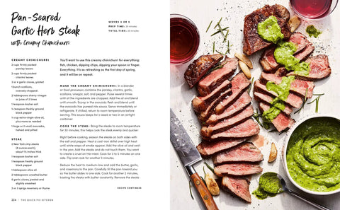 Sliced pan-seared garlic herb steak with creamy chimichurri sauce from A No Fuss Kitchen Lifesaver Cookbook featuring 65 quick healthy recipes.