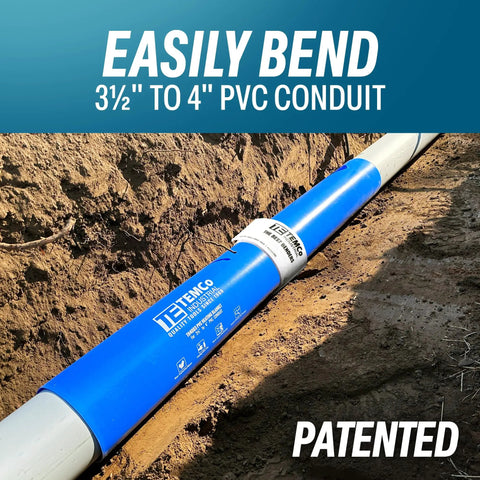 Heavy Duty PVC Conduit Heat Blanket Bender For No Sweat Smooth Bends With External Thermostat And Tight Seal Wrap That Masters 3.5 Inches To 4 Inches Electrical Pipe Projects shown in use with conduit laid in dirt.