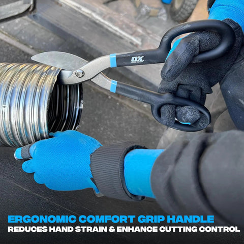 Heavy Duty 10 Inch Straight Cut Tin Snips With No Sweat Comfort Grip Handle For Cutting Aluminum Sheet Metal Roofing Ductwork And Iron used to cut metal ductwork.