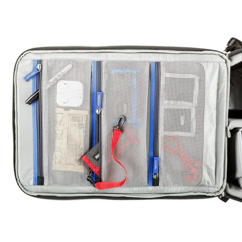Inside view of Airport Accelerator Camera Backpack for Travel Photographers Fits Two Gripped DSLRs with mesh pockets