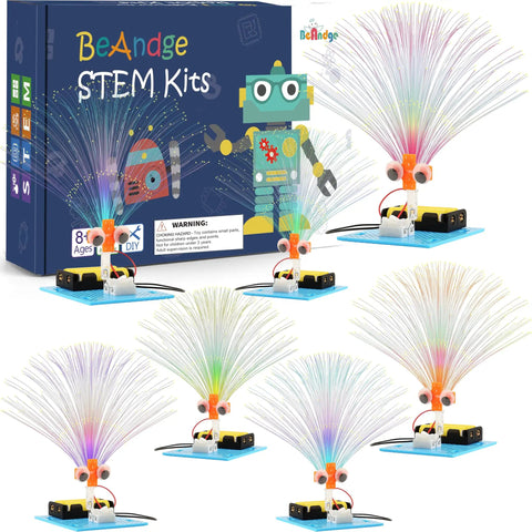 7 Pack Fiber Optic Lamp STEM Kit For Kids Ages 8-13 displayed with assembled fiber optic lamps and packaging