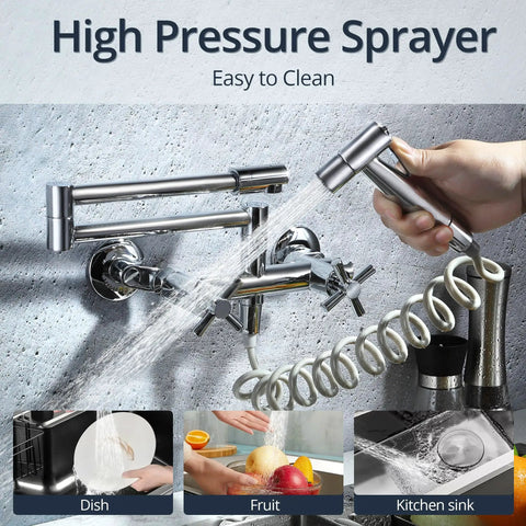 Wall Mount Kitchen Faucet With 360 Degree Rotating Spout Folding Design 17 Inch Reach Side Sprayer And 2 Handle Pot Filler