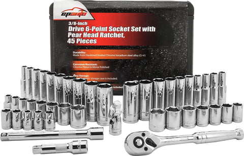 45 Piece Three Eighth Inch Drive Socket Set With 72-Tooth Pear Head Ratchet, Hardened Cr-V Steel, chrome plated and mirror polished