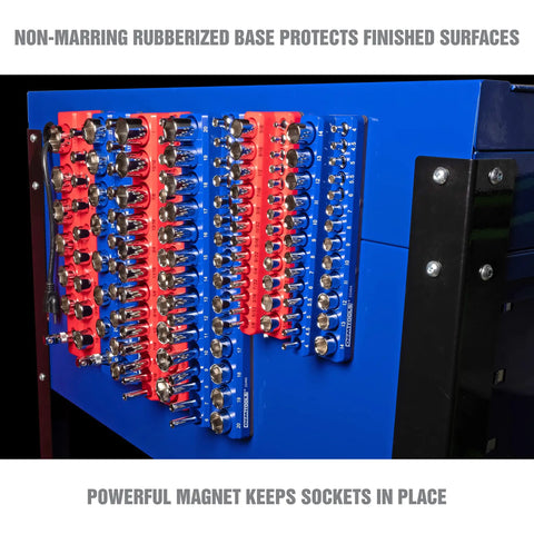 Six Pack Magnetic Socket Organizer Set For 1/4, 3/8, And 1/2 Inch Drive Sockets, SAE And Metric Compatible, mounted on a blue toolbox