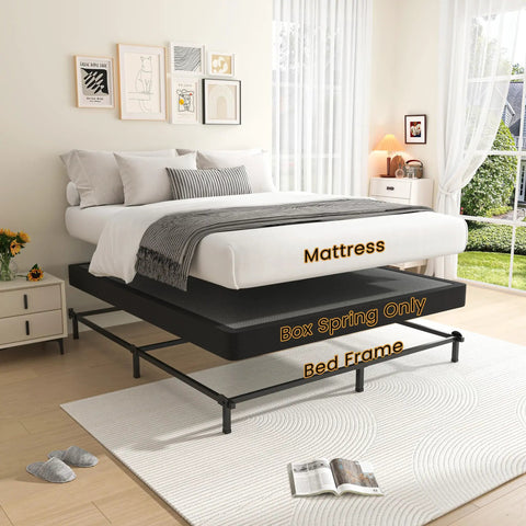 Heavy Duty King Box Spring Low Profile Metal Bed Base With Reinforced Steel Slats And Protective Cover visible with mattress on top.