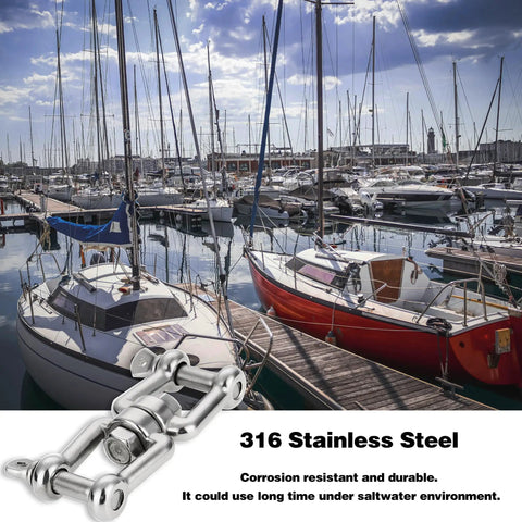 Double Shackle Swivel For Boat Set In Four Sizes One Quarter Inch Five Sixteenth Inch Three Eighth Inch One Half Inch Marine Grade 316 Stainless Steel Jaw To Jaw Anchor Chain Connector 2 Pack shown with marina backdrop