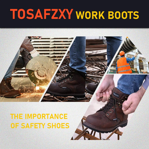 Three images of Mens Work Boots With Crazy Horse Leather Goodyear Construction Steel Toe Waterproof Non Slip Warmth Tough Work Shoes
