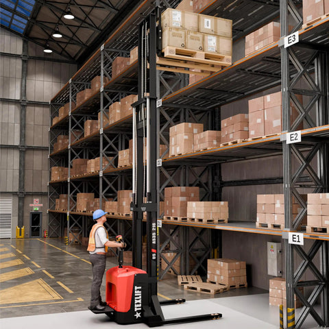 Hardcore Electric Pallet Stacker With Stand 3300 Lb Capacity 216 Inch Lift Height Adjustable Forks lifting pallets in warehouse.