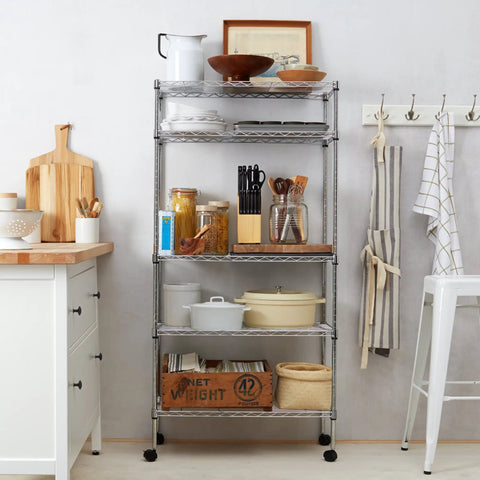 Heavy Duty Five Shelf Chrome Wire Storage Cart With Dual Swivel Casters For Garage Or Office Zero Drama Setup Fully Adjustable Heights in kitchen.