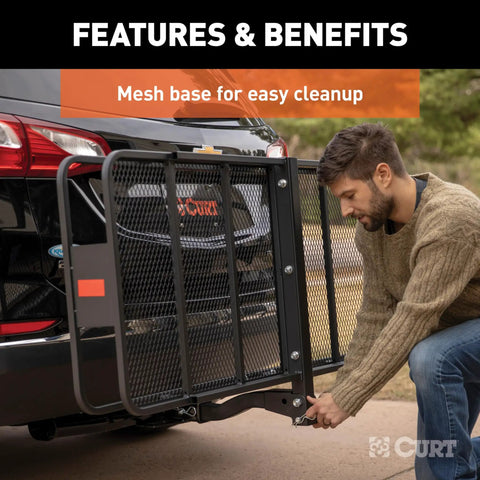Man installing Heavy Duty Cargo Basket Carrier For 2 Inch Receiver Fits Truck And SUV Hitch 60 X 23.5 X 5.5 Inches 500 Lb Capacity