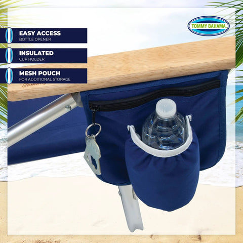 Close-up of Lay Flat Five Position Backpack Beach Chair pocket with bottle opener and insulated holder, navy polyester material.