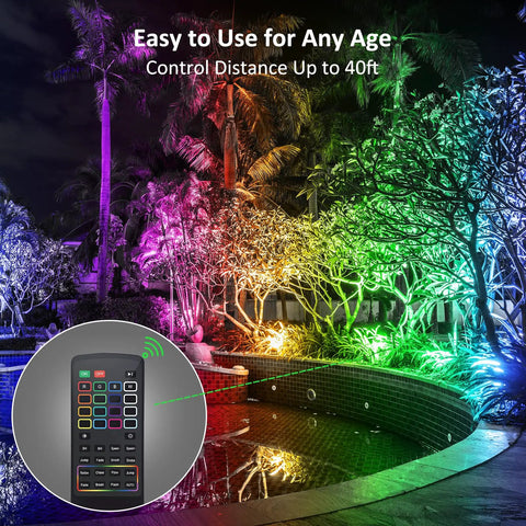 Colorful landscape lit by RGB LED Flood Light Kit With Remote For Outdoors, showcasing color changing effects on trees and a pool.