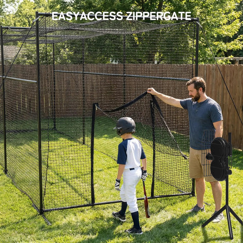 Man and child entering 40 Foot Batting Cage With Net And Frame For Baseball Softball Hitting And Pitching Practice Heavy Duty