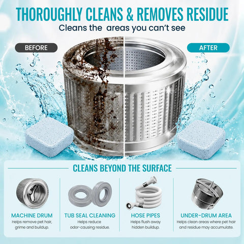 Deep Clean Your Washing Machine With Enzyme Formula Cleaner Tablets That Dissolve Pet Hair, Grime, Limescale, Detergent Residue