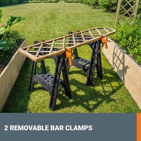 Integrated Bar Clamp Sawhorses holding a lattice frame in garden for secure work, showing built-in clamps and lightweight design