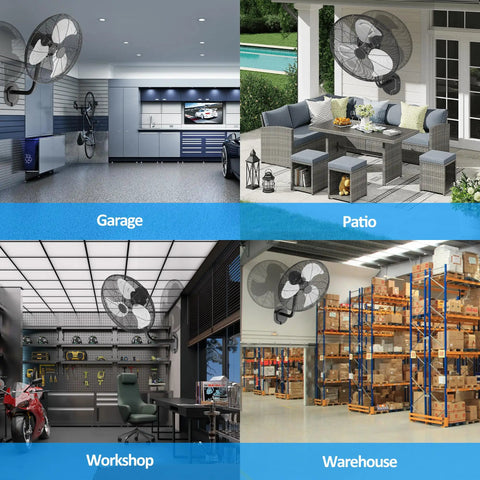 20 Inch High Velocity Wall Mount Industrial Fan With 7200 CFM Wired Remote in garage, patio, workshop, and warehouse settings