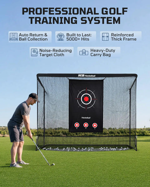 Man using a Backyard Golf Hitting Net For Indoor Outdoor Practice 10x8ft With Heavy Duty Netting, Side Barriers, Real Ball Driving