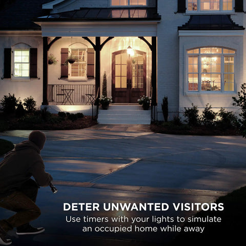 Night view of a house with outdoor lights on, demonstrating use of Outdoor Digital Timer Switch With Two On Off Programs, Grounded Single Outlet, Weather Resistant, Heavy Duty For Seasonal Lights And Landscape Lighting, Easy Plug And Play Setup, 1 Pack Gray Battery Backup Included.
