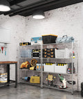 Beefy 4 Tier Metal Shelf Unit with adjustable shelves and feet in garage, holding tools and storage bins, silver gray finish.