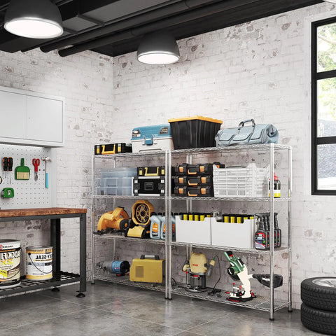 Beefy 4 Tier Metal Shelf Unit with adjustable shelves and feet in garage, holding tools and storage bins, silver gray finish.