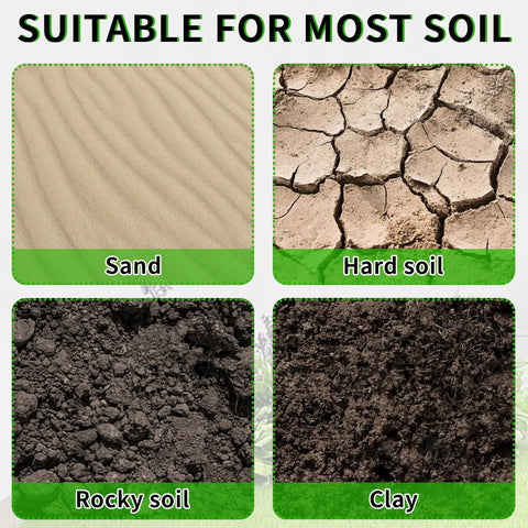 Four soil types displayed: sand, hard soil, rocky soil, and clay, highlighting Heavy Duty Garden Auger Drill Bit suitability.