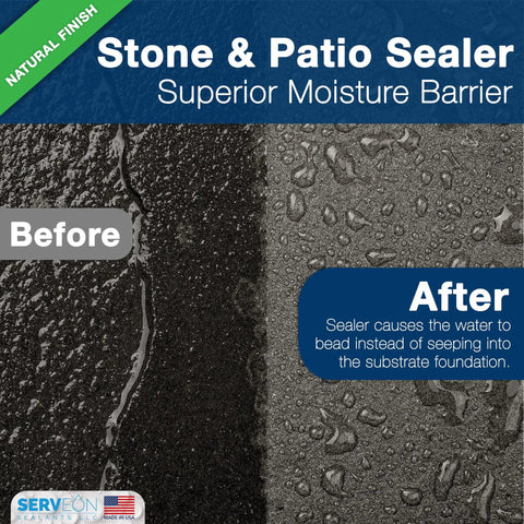 Before and after image demonstrating Top Shelf Natural Stone Sealer One Gallon Clear Finish Heavy Hitter Formula's moisture-blocking effect.