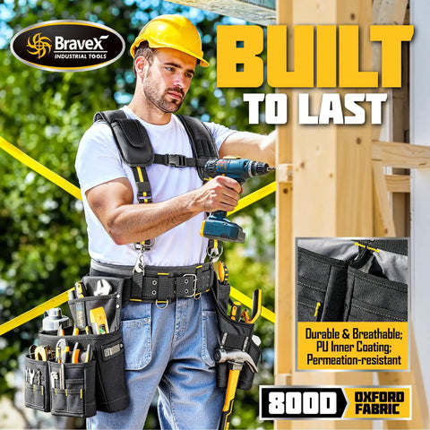 Person using a drill while wearing Built Tough Tool Belt Set With Suspenders And Pro Vest Ultra 20 Pouches H Style Apron