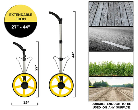 Digital Distance Measuring Wheel With Crisp Lcd Readouts And Rigged Right Commercial Specs, 12-inch wheel, extendable from 27 to 44 inches.