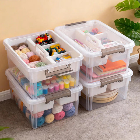 17 Quart Clear Plastic Storage Bins With Four Compartment Removable Tray, stackable latching box shown filled with crafts and tools
