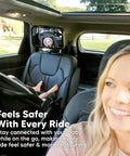 Wide 360 Degree Crystal Clear Baby Car Seat Mirror For Rear Facing Seats in backseat with child and smiling parent in front seat.