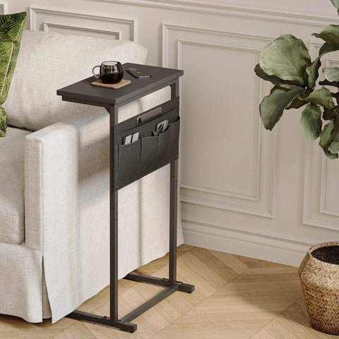 C Shaped End Table For Small Spaces With Storage Bag, Space Saving Couch Side Table For Sofa, Black LET501B beside sofa