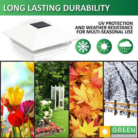 Gala Solar Powered LED Post Cap Lights 4 Pack For 4x4 Wood And PVC Posts White Outdoor Garden Pathway Lighting With Weatherproof Caps Easy Installation No Wiring Needed showcasing seasonal durability with garden and seasonal illustrations.