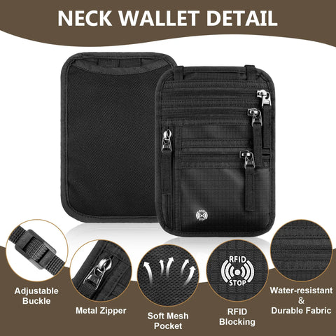 Hands Free Travel Neck Wallet With RFID Blocking Passport Holder, adjustable strap, multiple compartments, dark grey, detail view