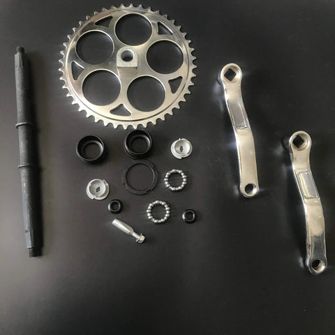 44T Wide Crank Assembly Kit for Gas Motorized Bicycle, 3 Piece Set, components displayed on black surface