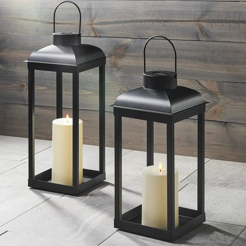 Two Outdoor Solar Powered Lantern With Flickering LED Candle For Porch Garden And Patio, 15 Inch Tall Black Metal Open Frame No Glass