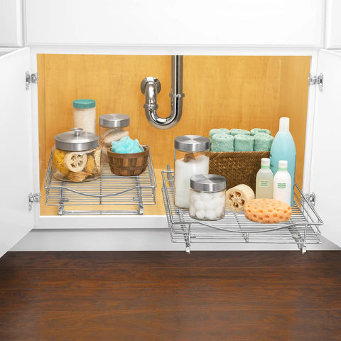 Knockout Kitchen Pull Out Cabinet Organizer With Heavy Duty Commercial Glide System, chromed wire shelves with organized containers.