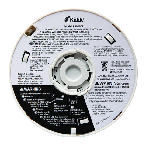 Back view of 2-In-1 Smoke And Carbon Monoxide Detector With 10-Year Battery And Voice Alerts, 85 Decibel Alarm, Photoelectric Smoke Sensor And Electrochemical CO Sensor For Fast Family Warnings At Home, model P3010CU instructions.