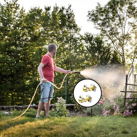 Person using garden hose with Two Pack Brass Garden Hose Connector Repair Kit With Rustproof Stainless Steel Clamps For Three Quarter Inch Water Hose Fittings Easy Leak Fix Mender For Outdoor Garden Hose Repair inset.