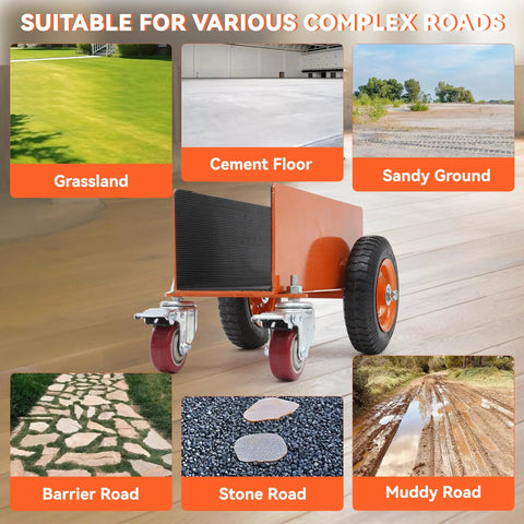 Heavy Duty Panel Dolly Cart With 1200 Lbs Capacity four smooth roll wheels on various complex surfaces like grass, cement, and mud.