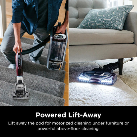 Man using Shark Rotator Powered Lift Away TruePet Upright Vacuum With Hepa Filter on stairs and under couch.