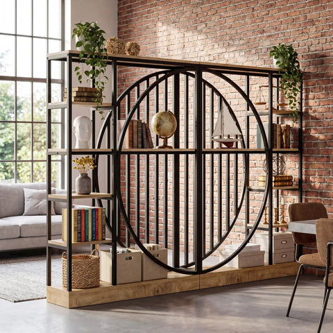 Dope Tall Industrial Bookshelf Set Of 2 With Reversible 5 Tier Shelves Freestanding Etagere Room Divider in living room