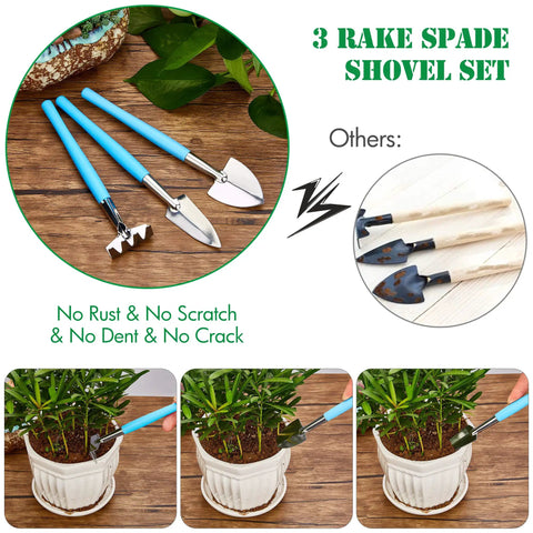 Dope Succulent Tools 19 Piece Mini Garden Tool Set showing blue rake, spade, shovel on a wooden table