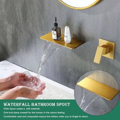 Wall Mount Waterfall Bathroom Sink Faucet In Gold Brass With Wide Spout wall mounted bathroom faucet, hands under water flow