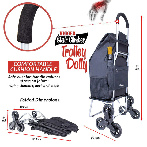 Stair Climber Trolley Dolly With 6 Wheel Glide shown with foldable design and cushioned handle, compact dimensions highlighted
