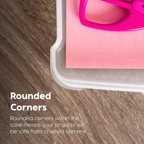 Dead Easy 10 Pack Clear Board Game Storage Crates No Sweat Desk Organization Slim BPA Free Craft Supply Bins Made Right Here In USA showing rounded corners and pink paper on a wooden surface.