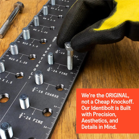 Identibolt Precise Threadchecker And Wall Mount Kit For Imperial SAE And Metric Threads with gloves on wooden table